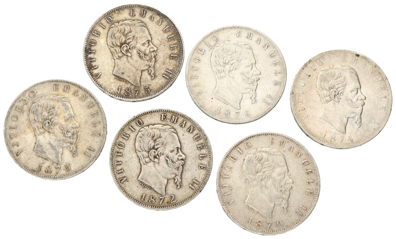 No reserve - Italy. Vittorio Emanuele II. Lot (6) 5 Lire. 1870 - 1876.
149,4 g....