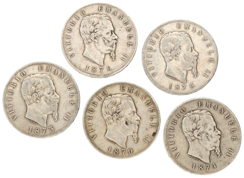 No reserve - Italy. Vittorio emanuele II. Lot (5) 5 Lire. 1870 / 1876.
124,1 g....