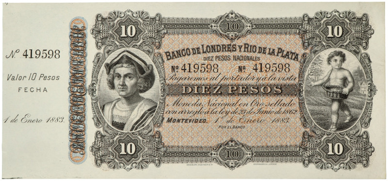 No reserve - Montevideo. 10 pesos. banknote. Type 1883. - About UNC.
About UNC....