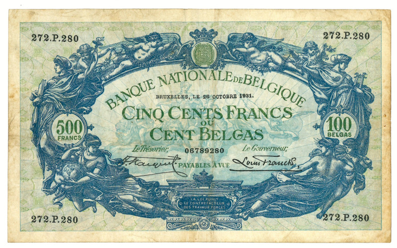 No reserve - Belgium. 500 francs. Banknote. Type 1931. - Very fine.
Very fine. ...