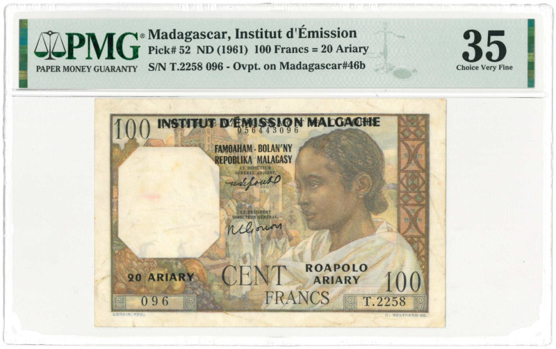 No reserve - Madagascar. 100 francs. Banknote. Type 1961. - Very fine.
(Pick 52...