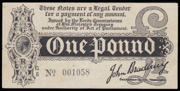 One Pound Bradbury T3.3 issued 1914 series G/5 001058, pleasing and bold VF or b...