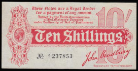 Ten Shillings Bradbury T9 issued 1914 first series A/1 237853 ornate font, Pick346, EF or near so, centre fold and very faint discolouration at right,...