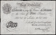 Five Pounds Peppiatt White note World War II German Operation BERNHARD forgery B241OB dated 29th October 1935 serial number A/247 58160, VF or better ...