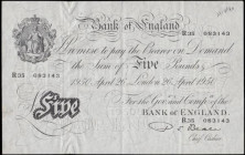 Five Pounds Beale White Note B270 dated 26th April 1950 serial number R35 083143,Good VF with an original most likely a Bank teller's annotation for a...