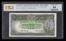 Australia 1 Pound issued 1961 - 1965 series HF/84 508177 and 508174, Pick34a, QEII at right, signed Coombs & Wilson, Choice Unc PCGS 64
Estimate: 100...
