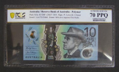 Australia 10 Dollars 2017 Pick 63a Lowe and Fraser AA172123868 and 858 Choice top grade PCGS 70PPQ Extreme Gem Unc 
Estimate: 220-400