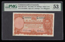 Australia 10 Shillings Pick25b, 1942 issue, Armitage/McFarlane, About Uncirculated PMG 53 Thinning Annotations 
Estimate: 70-140