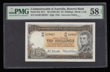 Australia 10 Shillings Reserve Bank issued 1961-65, prefix AG/98, Pick33a, Coombes & Wilson Choice About Uncirculated PMG 58 EPQ 
Estimate: 70-120