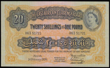 East Africa 20 Shillings dated 1st February 1956 series H63 51721, QE2 portrait, Pick 35, EF 
Estimate: 100-160