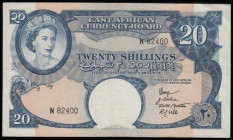 East Africa 20 Shillings QE2 issued 1958-60 series N 82400, 4 signatures at right, Pick39, VF or better
Estimate: 60-100