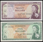 East Caribbean States (2) including 20 Dollars Pick 15i serial number A28 820459 and Five Dollars 14i D18 298089 All about UNC - UNC
Estimate: 150-30...