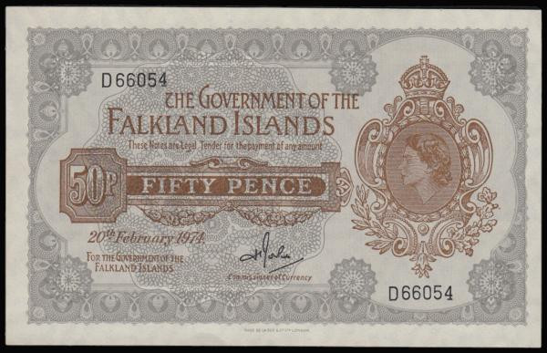 Falkland Islands 50 Pence dated 20th Feb 1974 series D66054, QE2 portrait at rig...