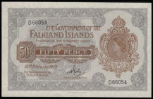 Falkland Islands 50 Pence dated 20th Feb 1974 series D66054, QE2 portrait at right, Pick10a, UNC
Estimate: 35-55