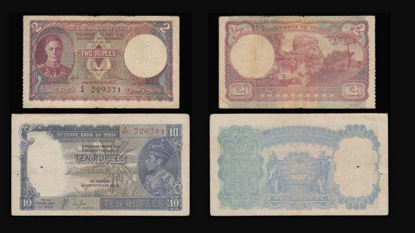 George VI issues India 10 Rupees Taylor Pick 19, Rupee Pick 25. Burma 5 Rupees P...