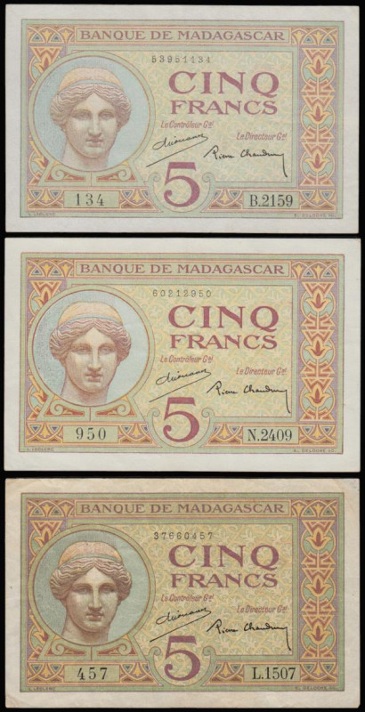 Madagascar (3) a trio of the 5 Francs Pick 35 ND circa 1937 in average GVF (3) i...