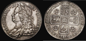 Crown 1743 Roses ESC 124, Bull 1667, Near EF with touches of blue and gold toning, some small areas on the Irish harp and high points of the King's ha...