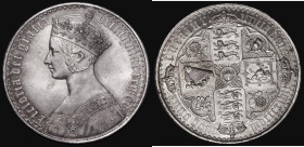 Crown 1847 Gothic, UNDECIMO edge, ESC 288, Bull 2571 VF/GVF cleaned, with some smoothing in places, and a series of fine scratches on the portrait
Es...