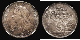 Crown 1893 LVII ESC 303, Bull 2595, Davies 506 dies 2A, in an NGC holder, and graded MS62, a colourfully toned example of the rarer edge for this date...
