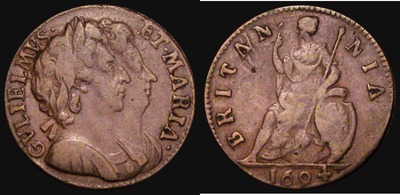 Farthing 1694 Unbarred A's in BRITANNIA, Last A unbarred in MARIA, No Stop on Re...