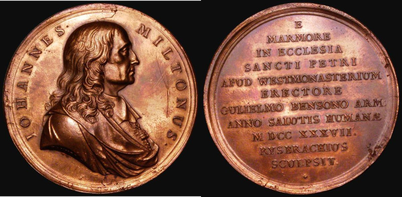 Monument to John Milton 1737 52mm diameter in bronze by J.S. Tanner, Obverse: Bu...