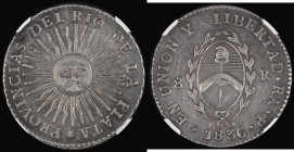 Argentina Eight Reales 1836 Provincial - Rio de la Plata RA-P Rioja Mint, Obverse: Radiant sun with face, PROVINCIAS DEL RIO DE LA PLATA, Reverse: Arm...