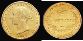 Australia Half Sovereign 1859 Sydney Branch Mint, the upper and lower serifs of the H of HALF are joined Marsh 384, in a PCGS holder and graded AU50
...