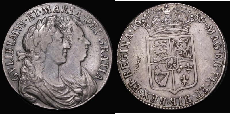 Halfcrown 1689 First Shield, Caul only frosted, with pearls, inverted N in REGIN...