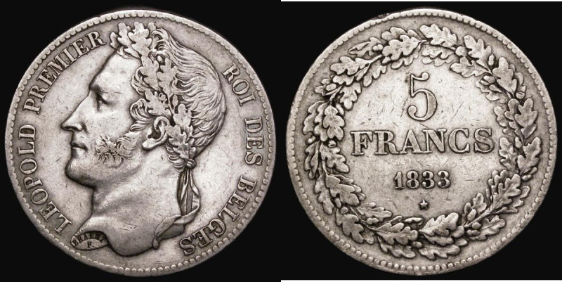 Belgium Five Francs 1833 Position A, KM#3.1 Fine
Estimate: 90-110