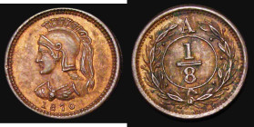 Canada - Quebec - Anticosti Island 1/8th Penny or 1/8th Dollar 1870, 8 over lower 8 in date, Pattern in bronze 14mm diameter, Obverse: Helmeted Bust i...