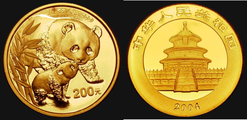 China 200 Yuan Panda 2004 Gold Half Ounce KM#1535 UNC with practically full lust...