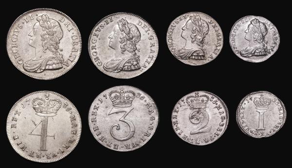 Maundy Set 1735 ESC 2405, Bull 1768 comprising Fourpence 1735 VF, Threepence 173...