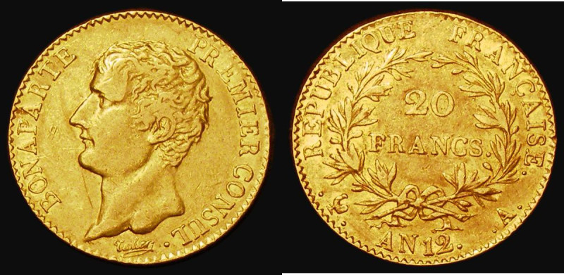 France 20 Francs Gold An 12A, Paris Mint, Obverse legend NAPOLEON PREMIER CONSUL...