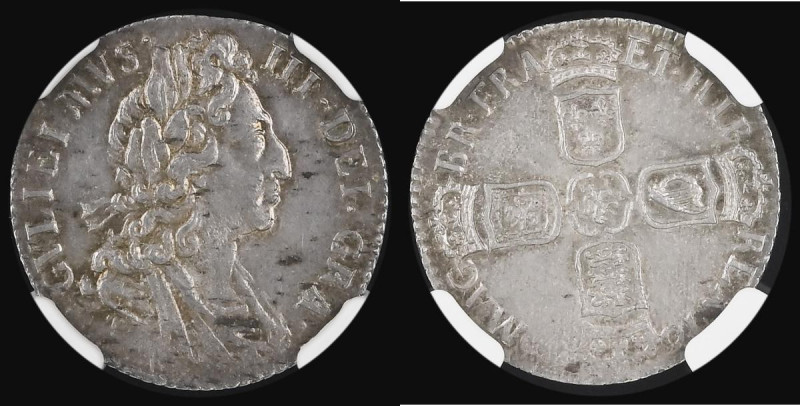 Sixpence 1697 Third Bust, Later Harp, Large Crowns, GVLIEIMVS ESC 1566C, Bull 12...