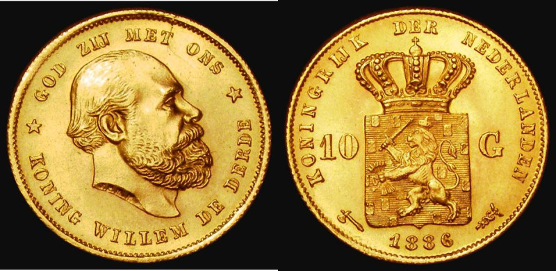 Netherlands Ten Gulden Gold 1886 KM#106 GEF and lustrous
Estimate: 300-350