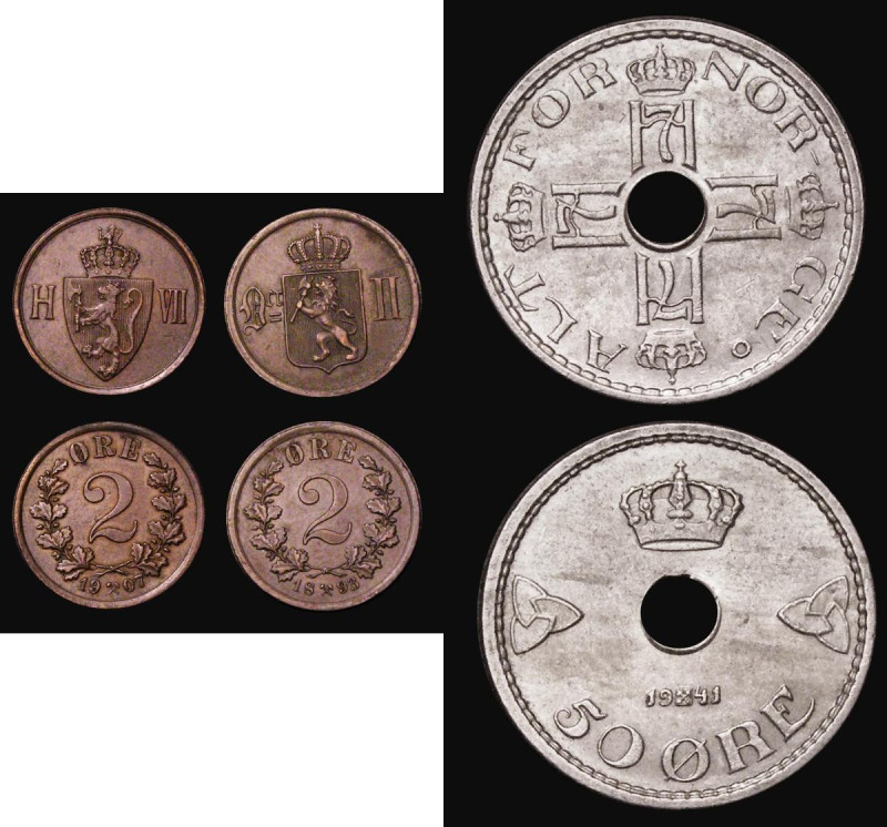 Norway (3) 50 Ore 1941 KM#386 EF, Two Ore (2) 1893 KM#353 GVF with a small edge ...