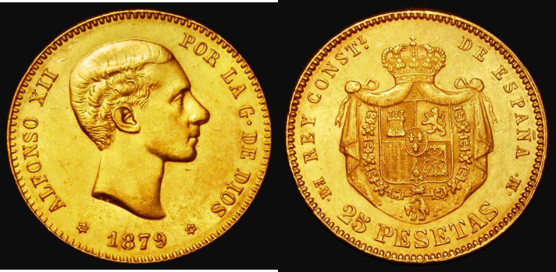 Spain 25 Pesetas Gold 1879 (year 79) EM-M KM#673 EF and lustrous with some conta...