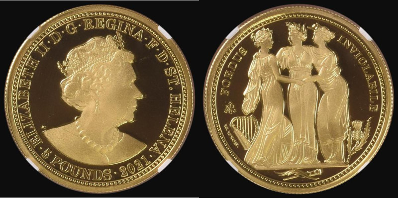 St. Helena Five Pounds Gold 2021 Three Graces Gold Proof in a 'First Day Of Issu...