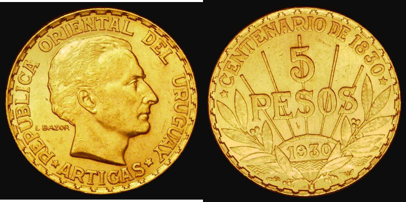 Uruguay Five Pesos Gold 1930 Centenary of the Constitution KM#27 GEF and lustrou...