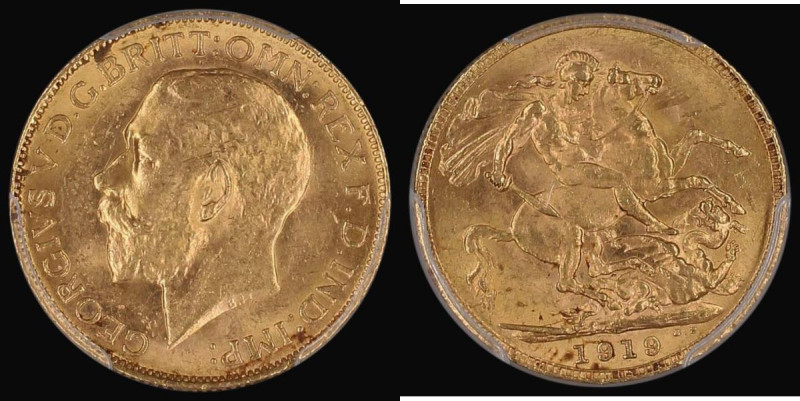 Sovereign 1919P Marsh 258, S.4001, in a PCGS holder and graded MS62
Estimate: 3...