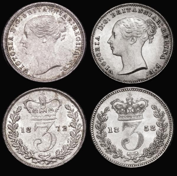 Threepences (2) 1858 possibly a Maundy issue, F:D: double struck, type as ESC 20...