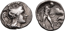 MAGNA GRAECIA. CALABRIA, TARENTUM. 
Silver diobol, circa 380-325 BC. 
Obv: head of Athena right, wearing crested Attic helmet decorated with hippoca...