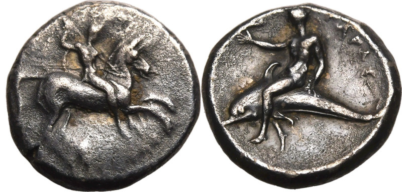 MAGNA GRAECIA. CALABRIA, TARENTUM. 
Silver nomos, circa 302-280 BC. 
Si- and D...