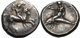 MAGNA GRAECIA. CALABRIA, TARENTUM. 
Silver nomos, circa 302-280 BC. 
Si- and Deinokrates, magistrates. Obv: rider on horseback right, holding lance,...