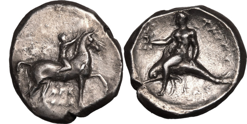 MAGNA GRAECIA. CALABRIA, TARENTUM. 
Silver nomos, circa 302-280 BC. 
Arethon, ...