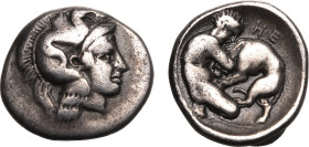 MAGNA GRAECIA. LUCANIA, HERAKLEIA. 
Silver diobol, circa 433-420 BC. 
Obv: head of Athena right, wearing Attic helmet decorated with hippocamp. Rev:...