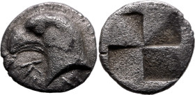 ANCIENT GREECE. AEOLIS, KYME. 
Silver hemiobol, circa 480-450 BC. 
Obv: eagle head left; K-Y flanking. Rev: quadripartite incuse square.
Good Very ...