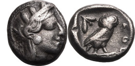 ANCIENT GREECE. ATTICA, ATHENS. 
Silver drachm, circa 454-404 BC. 
Obv: head of Athena right, wearing earring, necklace, and crested Attic helmet de...