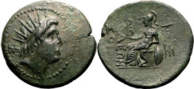 ANCIENT GREECE. CILICIA, SOLOI. 
Bronze ae30, circa 100-30 BC. 
Obv: radiate head of Helios(?) right. Rev: &Sigma;O&Lambda;E&Omega;N, Athena seated ...