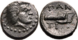 ANCIENT GREECE. KIMMERIAN BOSPOROS, PANTIKAPAION. 
Bronze ae13, circa 310-303 BC. 
Obv: head of beardless Satyr right, wearing wreath of ivy. Rev: &...